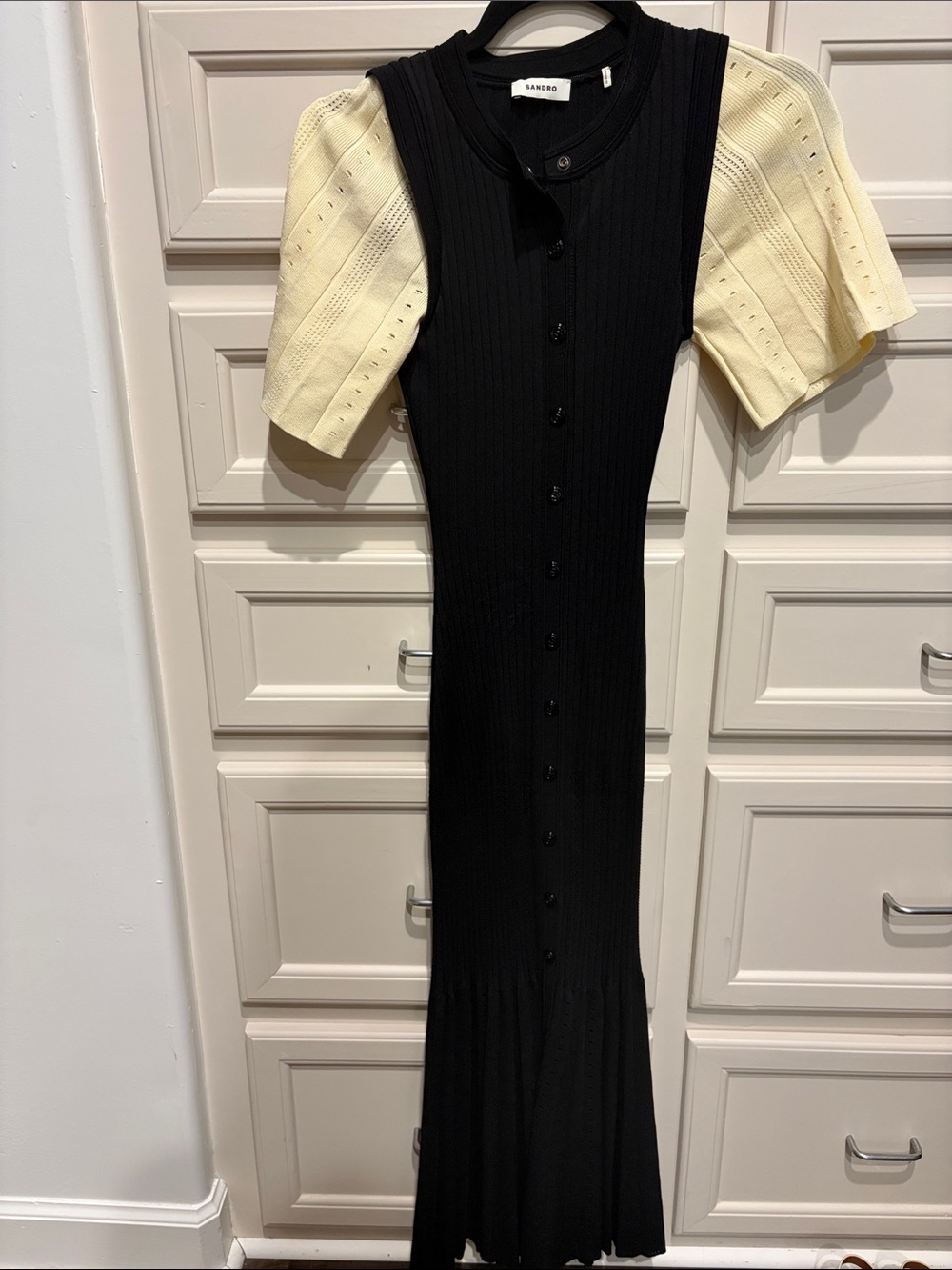 Sandro Black Knit Maxi Dress with Cream Puff Sleeves